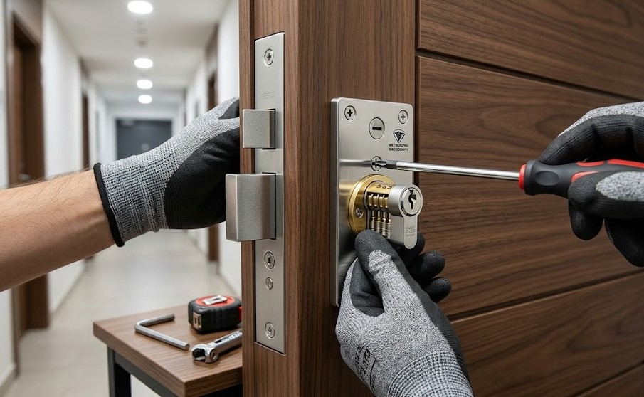 Cerrajero instalando cerradura anti-bumping en puerta de piso en Girona Centro